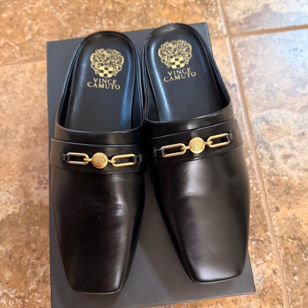Vince Camuto Black Slip-On Loafers with Gold Detail